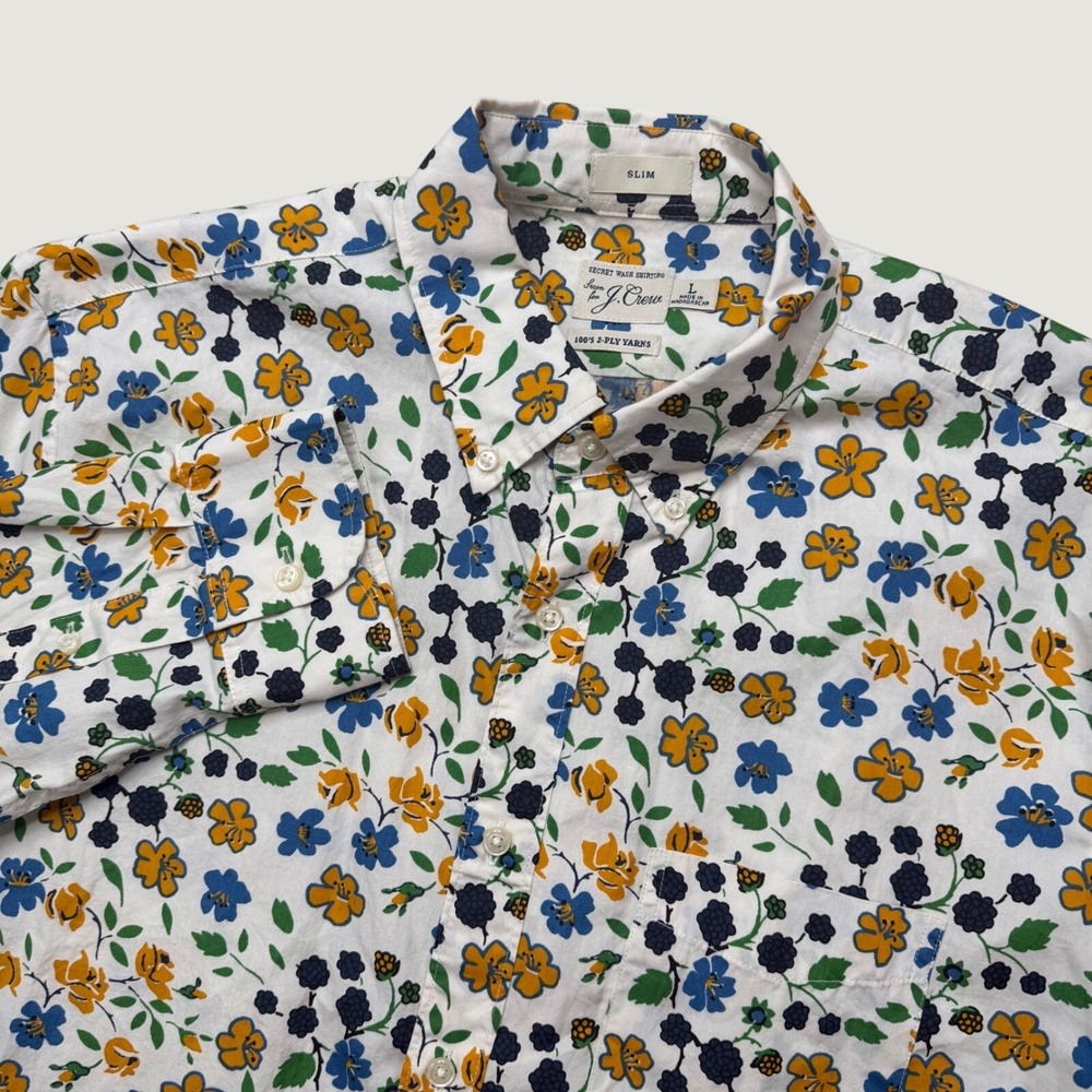 J.Crew Mens L Button Down Shirt White Floral BJ742 Secret Wash Slim Fit